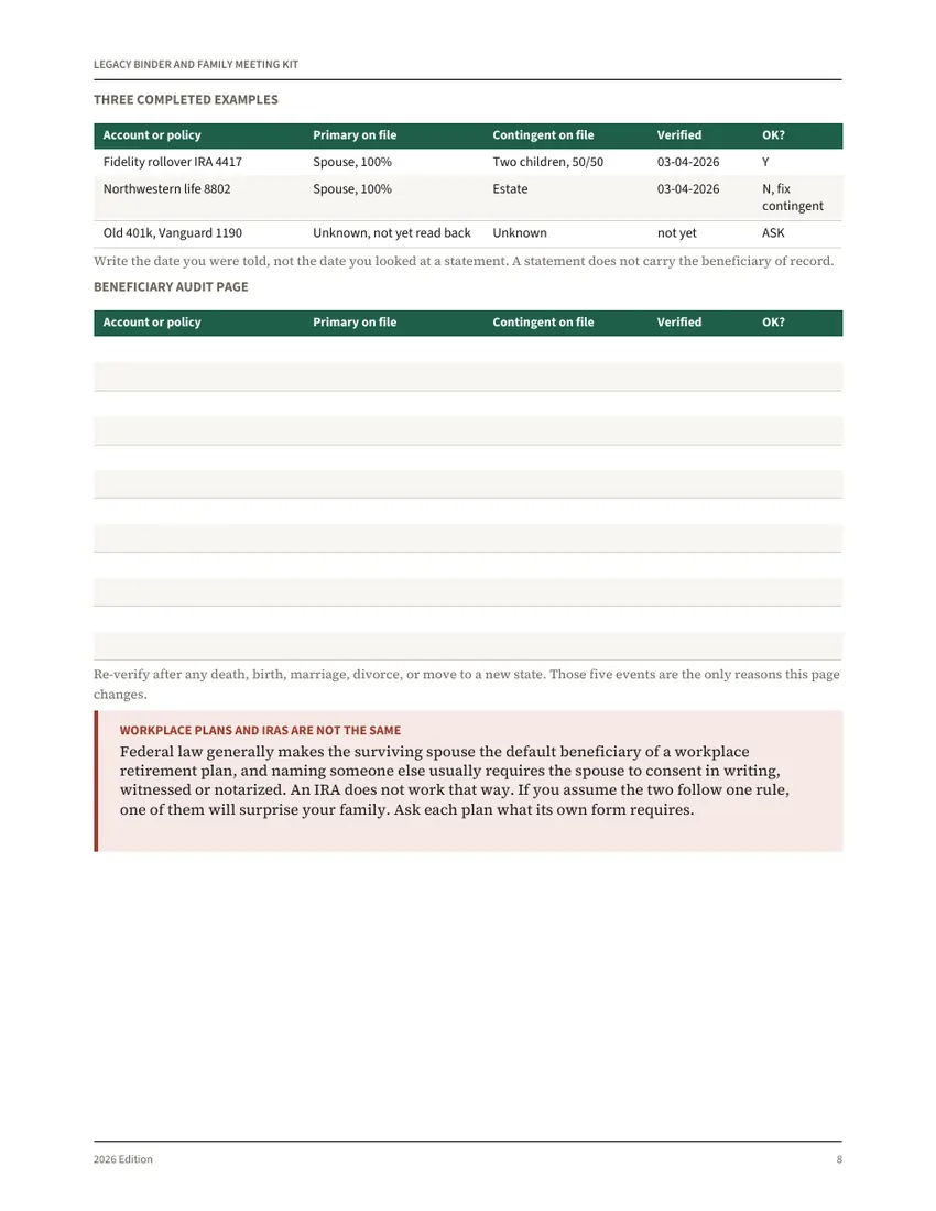A page from The Legacy Binder and Family Money Meeting Kit
