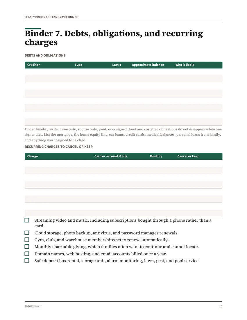 A page from The Legacy Binder and Family Money Meeting Kit