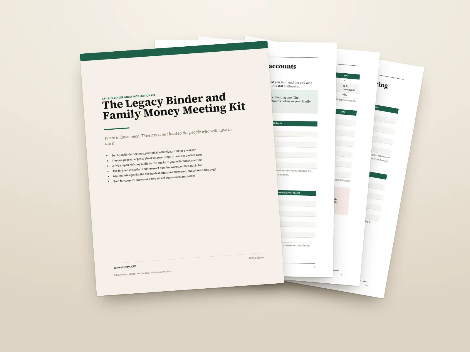 The Legacy Binder and Family Money Meeting Kit: the cover and three inside pages