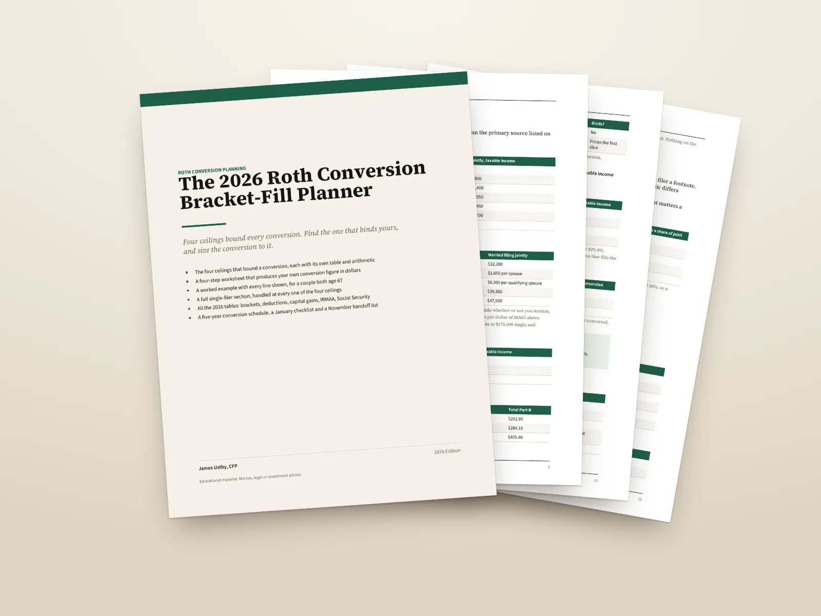 The 2026 Roth Conversion Bracket-Fill Planner: the cover and three inside pages