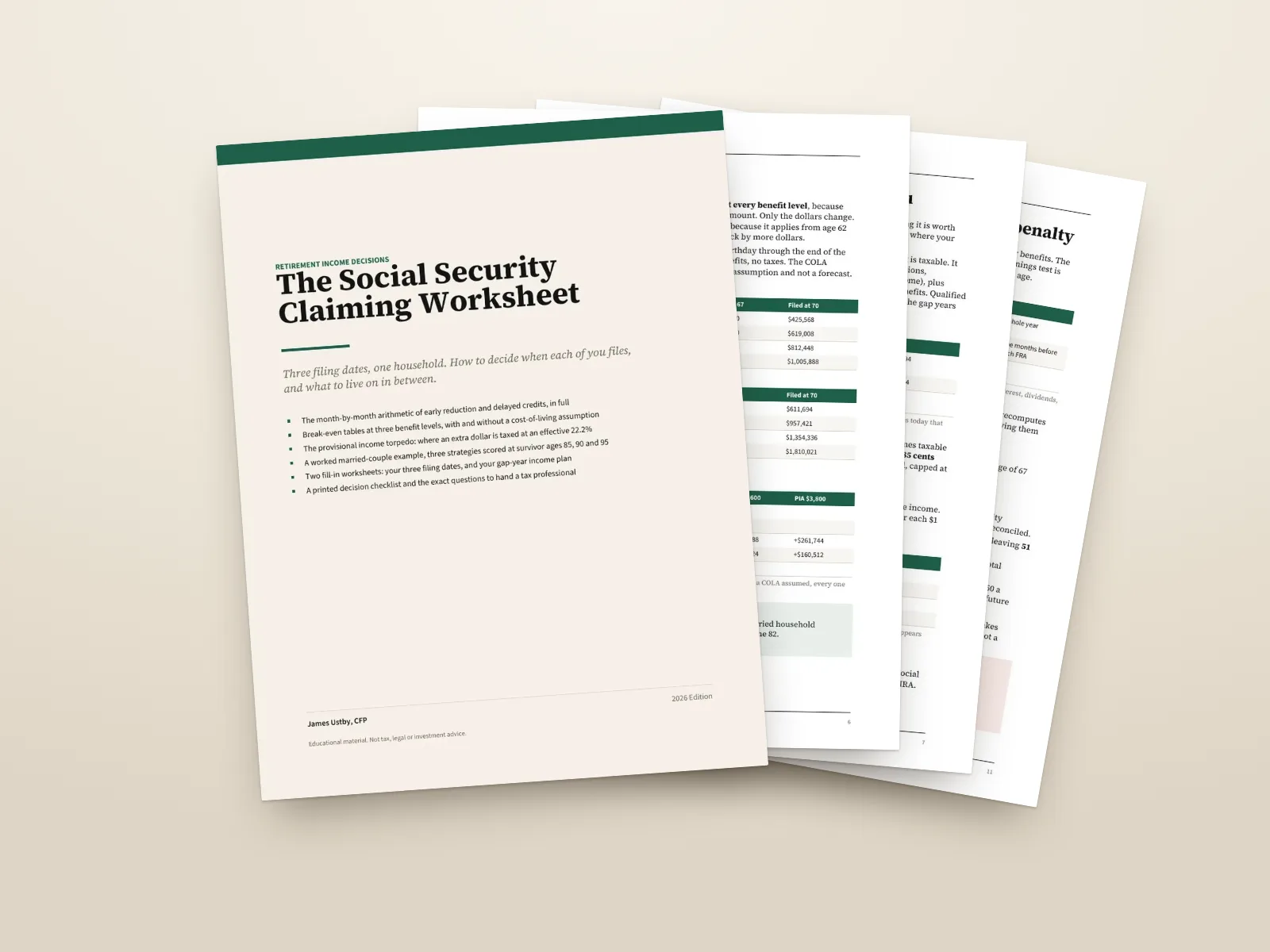 The Social Security Claiming Worksheet: the cover and three inside pages